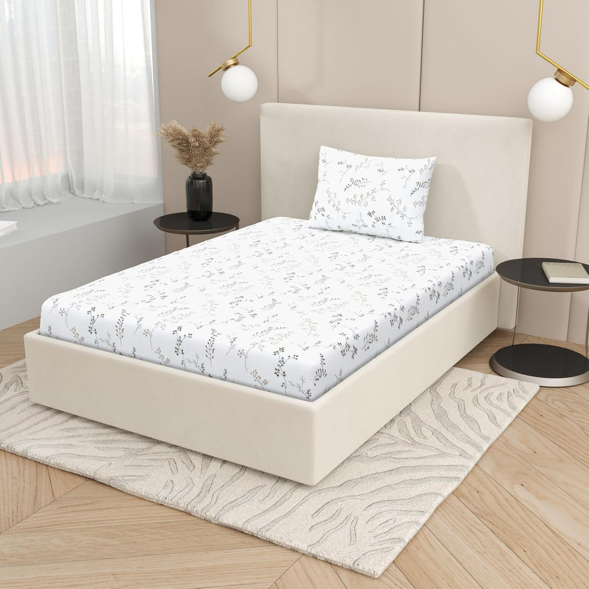 100% Pure Cotton Single Bedsheet With 1 Pillow Cover - 60 × 90 Inches, White & Yellow | Perfect For Bedrooms, Guest Rooms, Kids’ Rooms & Hostel Use