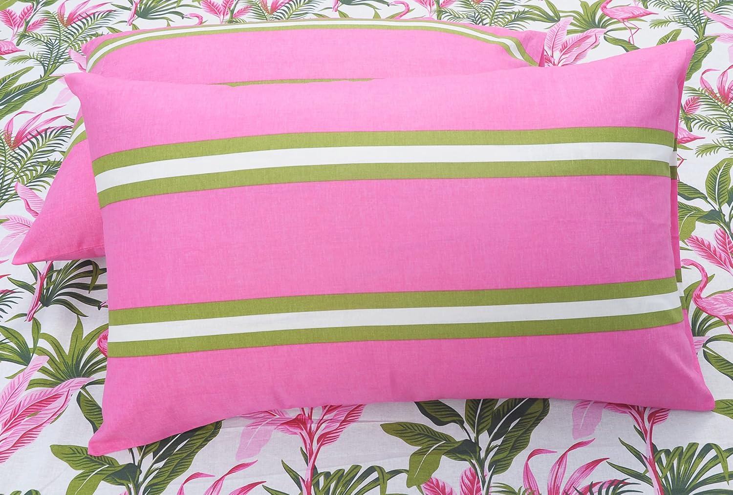 Bedsheets For King Size Bed With 2 Pillow Covers - 108 X 108 Inches | Flamingos & Stripes Pink & Green | Perfect For Home Decor & Gifts | 144 Thread Count