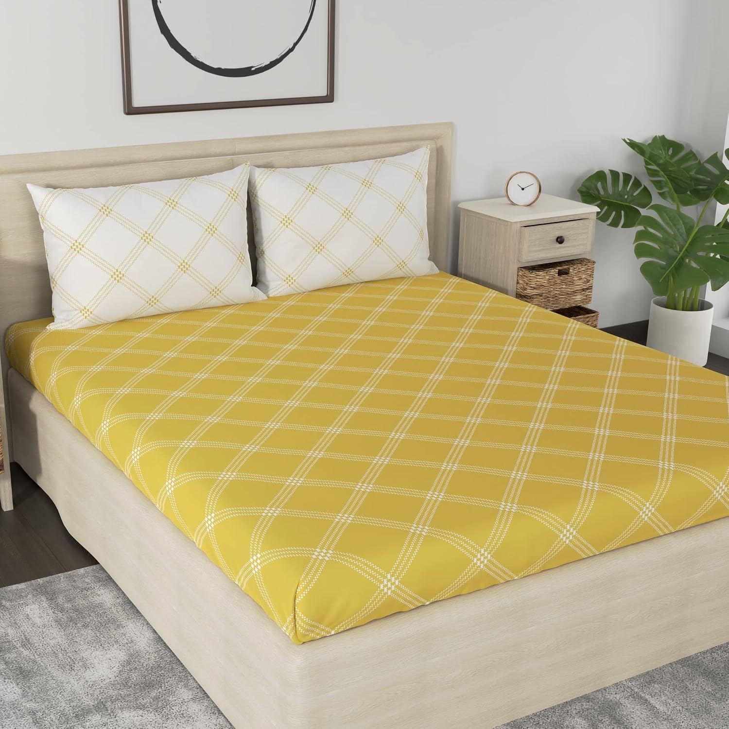 Premium Cotton Bedsheet For Double Bed King Size With 2 Pillow Covers - (108 X 108 Inches) Yellow & White | Ideal For All Season Comfortable Bedsheet