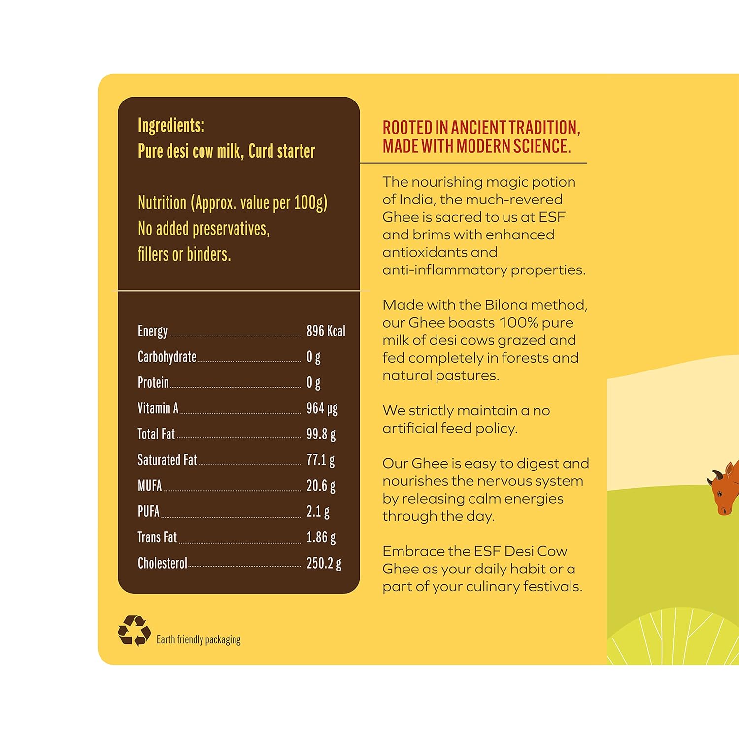 100% Pure Desi Cow Ghee By Earth Story Farms | Naturally Desi Cow Bilona Method Desi Ghee Good For Parathe | (500ml) 16.9 Ounce | Jar Pack