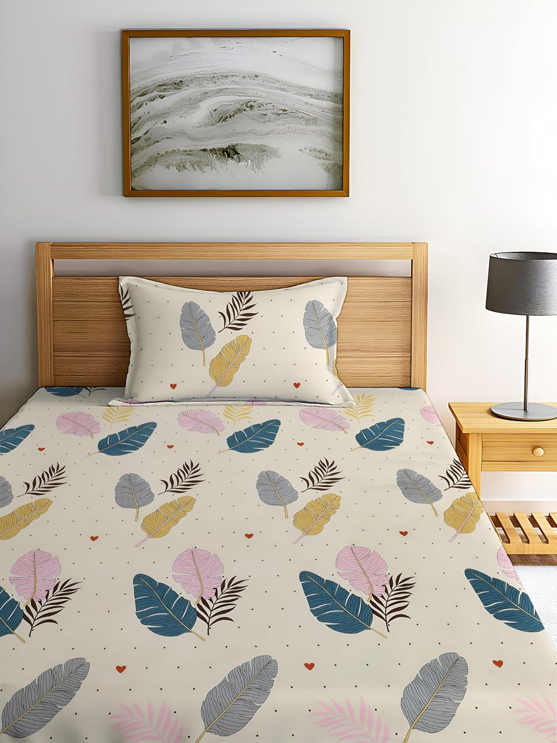 280 TC Print Cotton 1 Single Bedsheet With 1 Pillow Cover - 60 X 90 Inches, Cream & Pink | Soft & Breathable Fabric, Skin-Friendly Bed Sheet For All Seasons