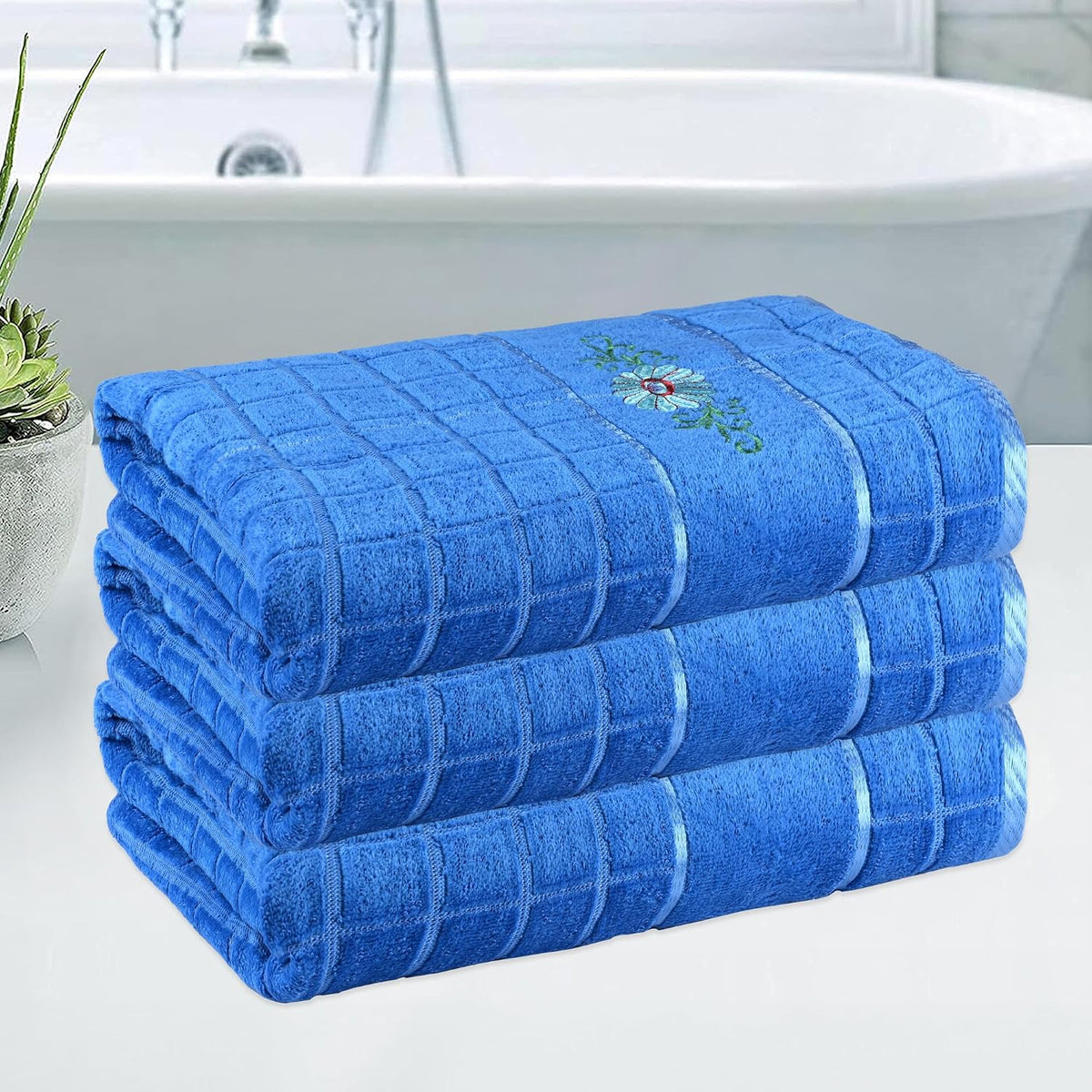 Kuber Industries Rectangle Super Absorbent Bath Towel 1500 Gsm | Soft & Comfortable Swimming & Bathing Towels | Gold Flower (Blue)- Pack Of 3