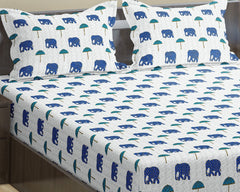 Printed Double Bedsheet Elastic Fitted With 2 Pillow Cover - 60 X 72 Inches, Grey & Blue | Best Gifting For Festival, Housewarming, Anniversary, Friends Family