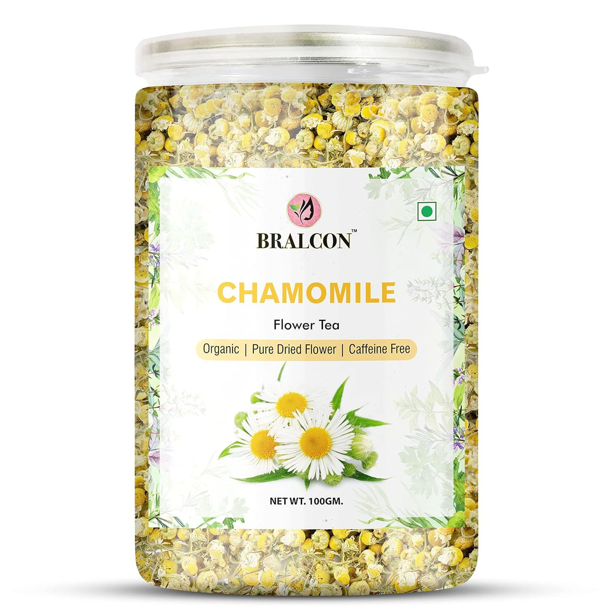 Bralcon Organic Chamomile Flower Tea - 100gm, 3.5 Ounce | Improves Sleep, Reduce Anxiety - Pure Dried Flower Detox Tea | Caffeine Free