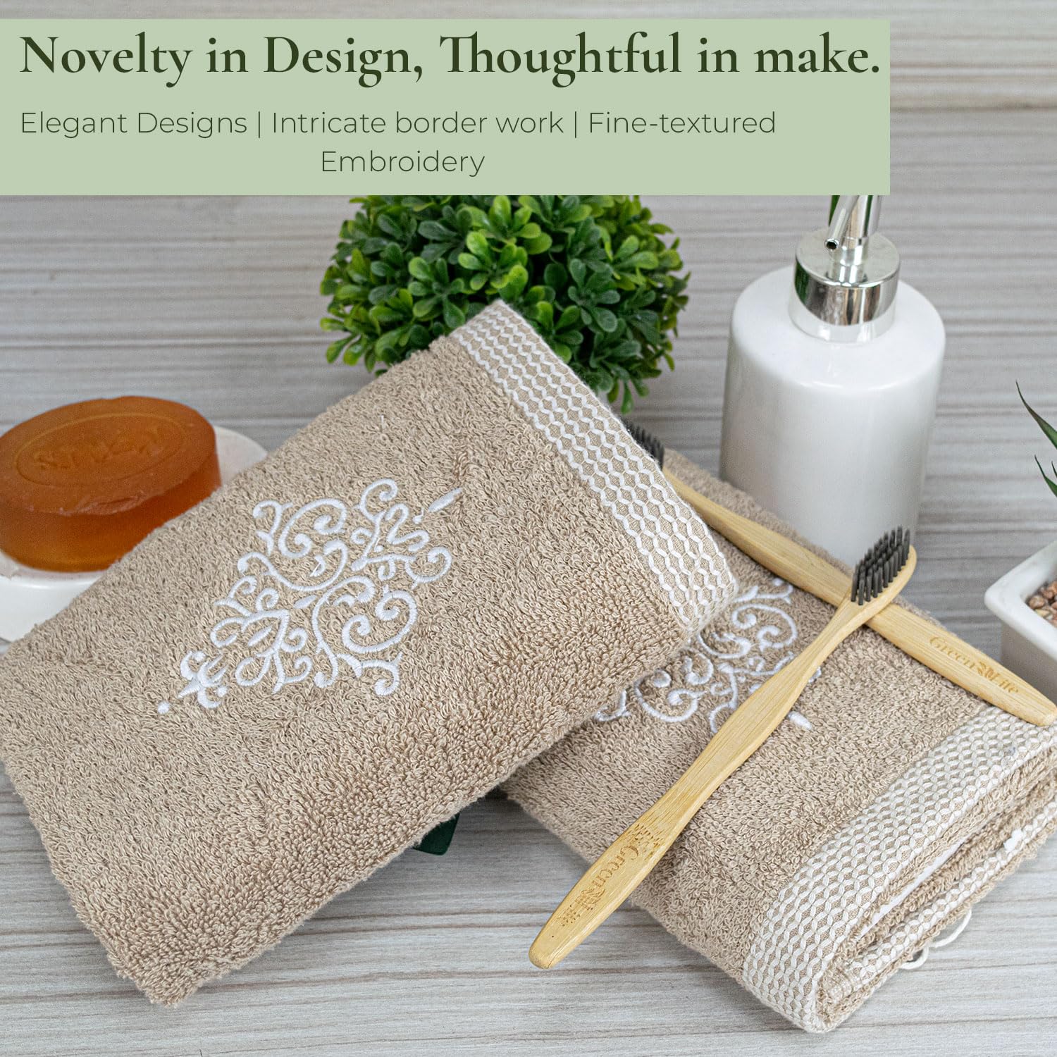Rangoli 100% Bamboo Hand Towels 500 Gsm | Ultra Soft, Quick-Absorbent & Eco-Friendly Towels For Hand & Bathroom - Beige (Set Of 2)