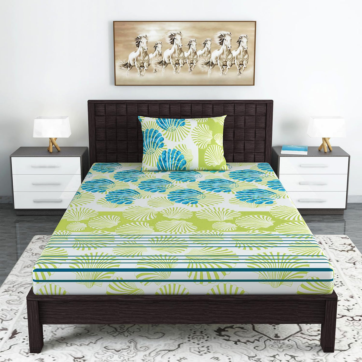 Single Bedsheet With 1 Pillow Cover - 57 X 87 Inches, White & Green | Designer Printed Bedsheet Set - Naturally Soft, Breathable & Skin Friendly