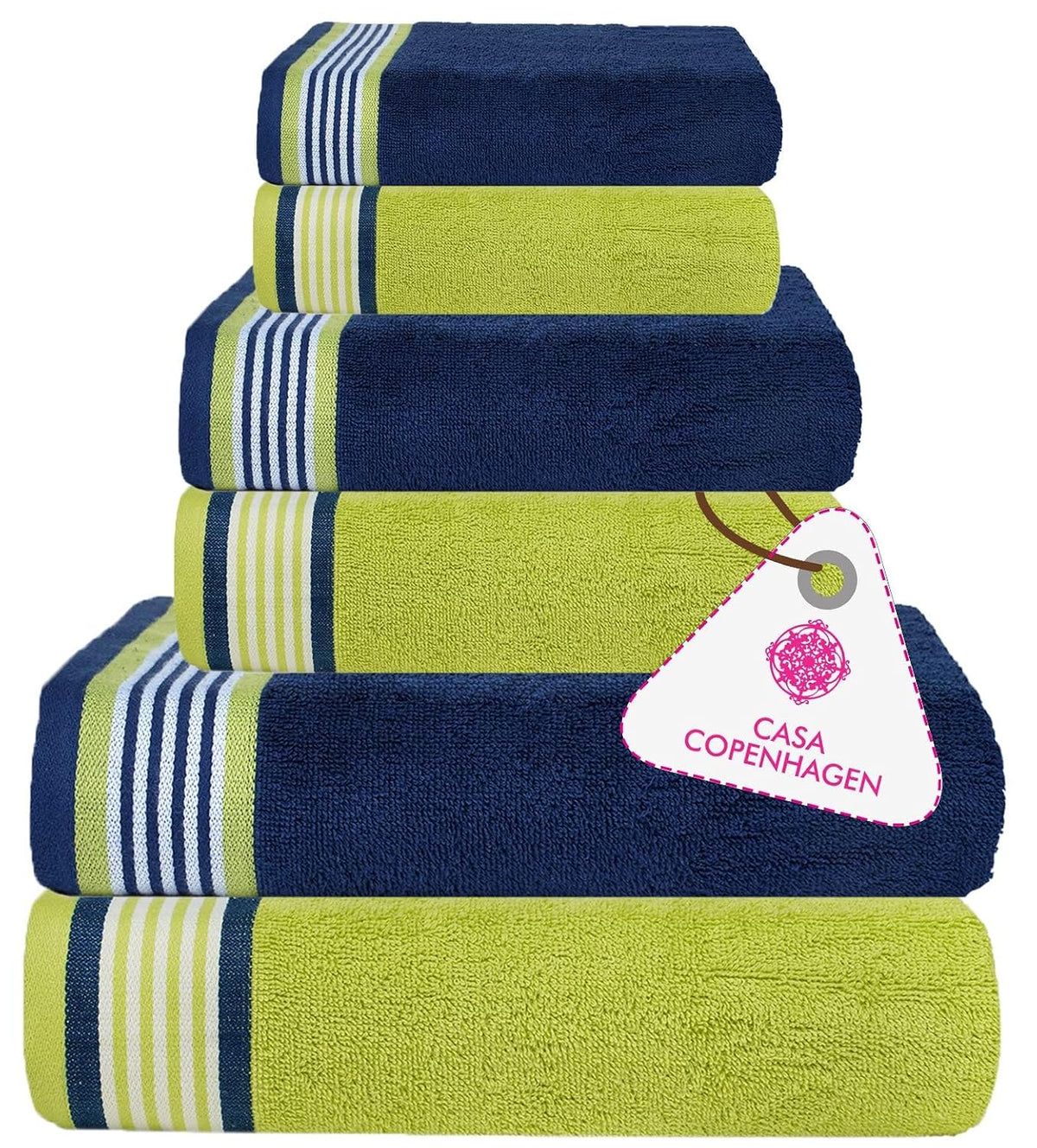 Casa Copenhagen Germany Design 2 Bath + 2 Hand & 2 Washcloths Towels 1800 Gsm | He & She Super Soft Collection 100% Cotton 6 Piece Towel Set - California Blue & California Green