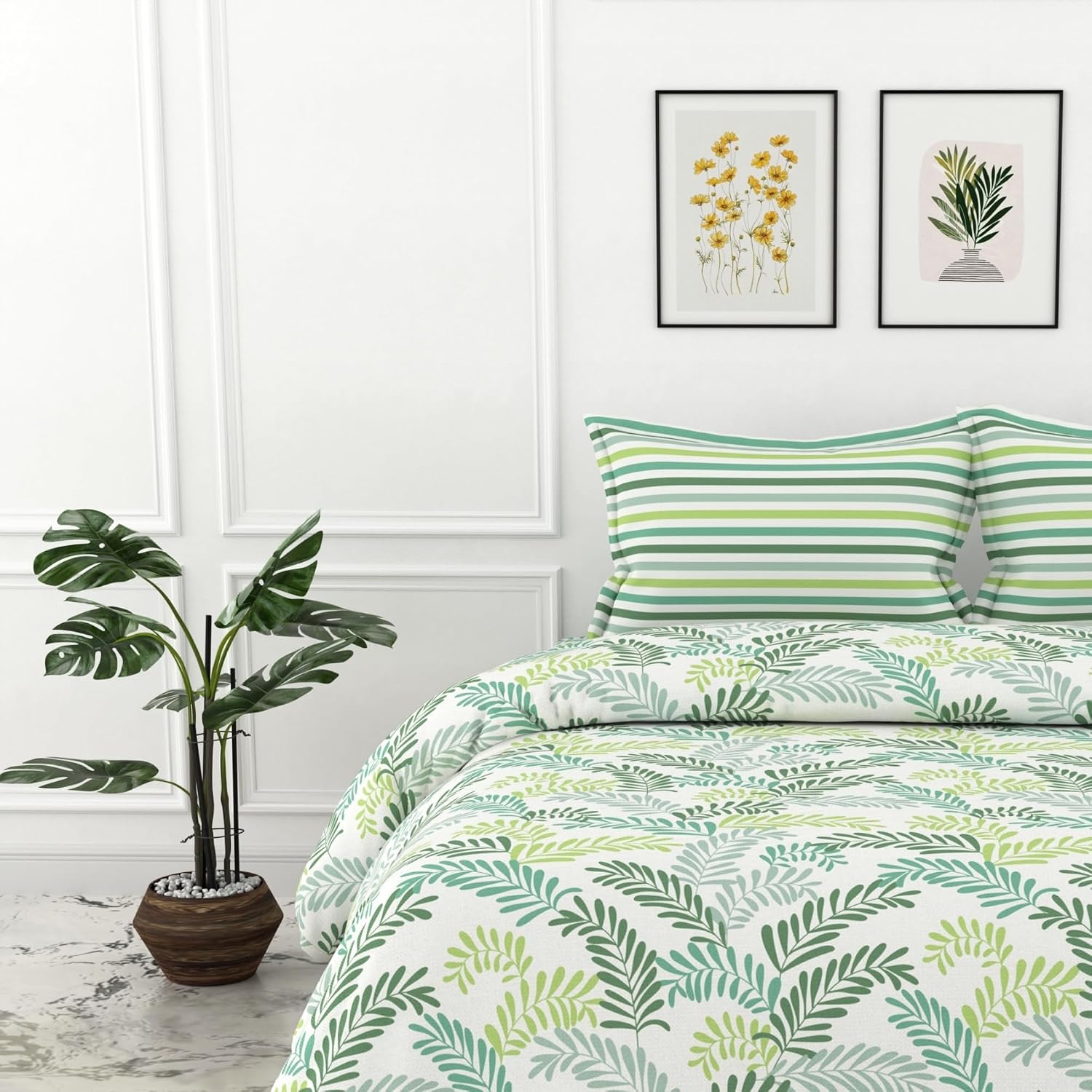 Double Bedsheet For King Size With 2 Pillow Covers - 104 X 104 Inches, Cream & Green | Light Weight, Suitable For All Seasons & Easy To Wash
