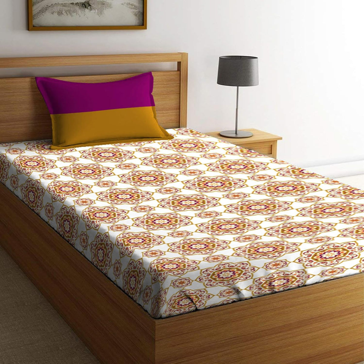 1 Single Size Bedsheet With 1 Pillow Cover (60 X 90 Inches) Pink & Mustard | Bedsheet Set - Urban Comfort Collection, Breathable & Superior Softness | 144 Thread Count