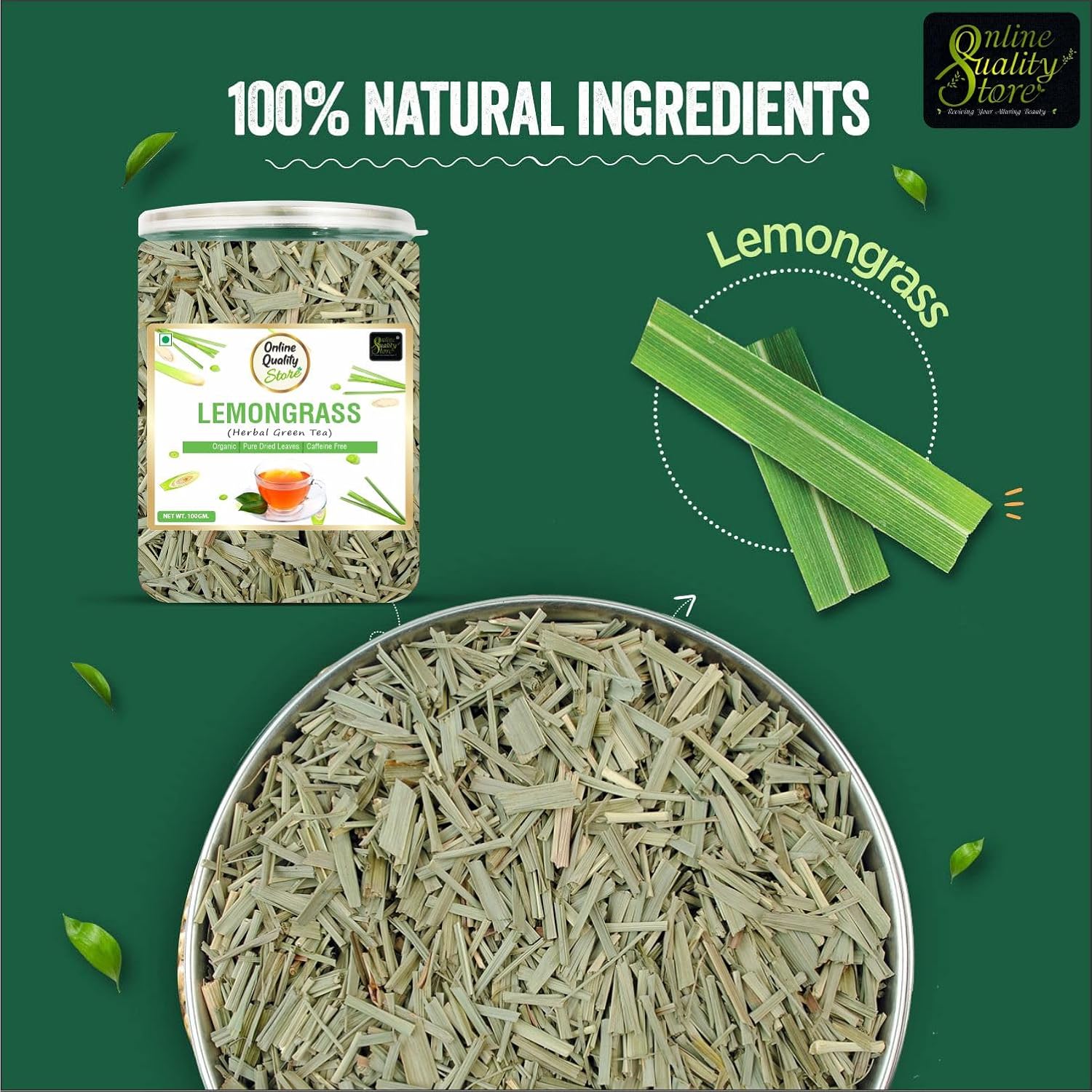 Online Quality Store Lemongrass Herbal Green Tea - 50gm, 1.7 Ounce | Reduces Anxiety, Improves Immunity - Organic Pure Dried Leaves | Caffeine Free