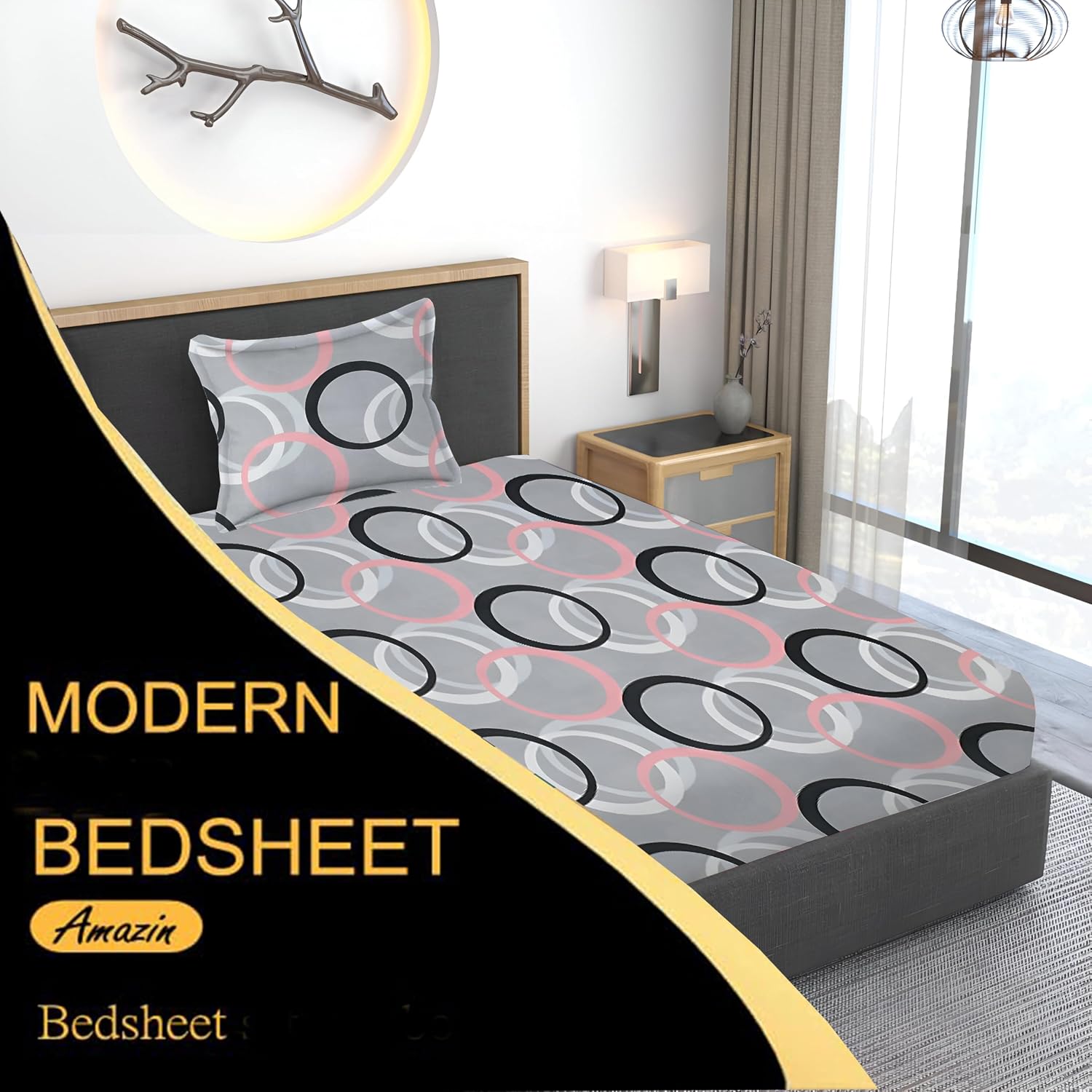 Printed Single Bedsheet Size With 1 Pillow Cover - 60 X 90 Inches, Grey & Black | Cotton Wrinkle Free Soft, Breathable | Durable & Long-Lasting