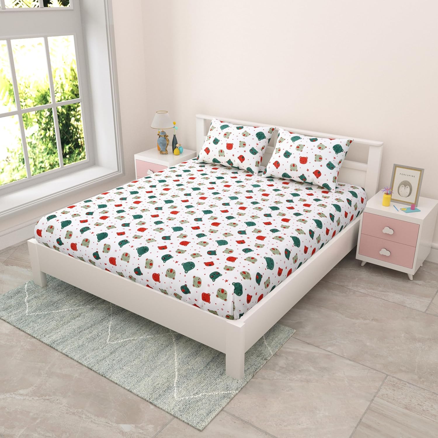 Pure Cotton Kids Bedsheet Double Bed Queen Size With 2 Pillow Covers | 90 X 100 Inches, White & Green | Fun Cartoon Theme, Soft & Breathable Fabric