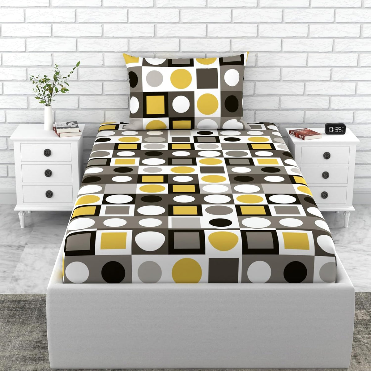 1 Single Bedsheet With 1 Pillow Cover - 54 X 84 Inches, Grey & Yellow | Comfort Meets Everyday Styles | Traditional Ideal For All-Season Use