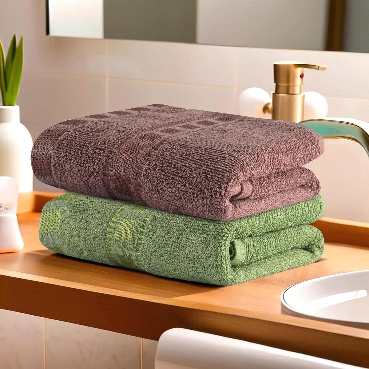 Heart Home Cotton Hand & Face Towels 400 Gsm | For Men & Women Easily Washable Workout Gym Towel - Green & Brown (Pack Of 2)