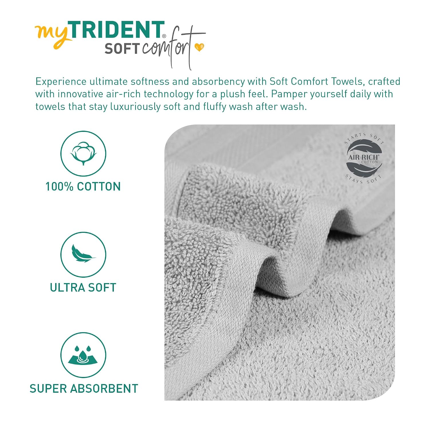Trident Soft Comfort Air Rich 100% Cotton Bath Towels 500 Gsm | Large Size Bathroom Towels For Men/Women (Silver)