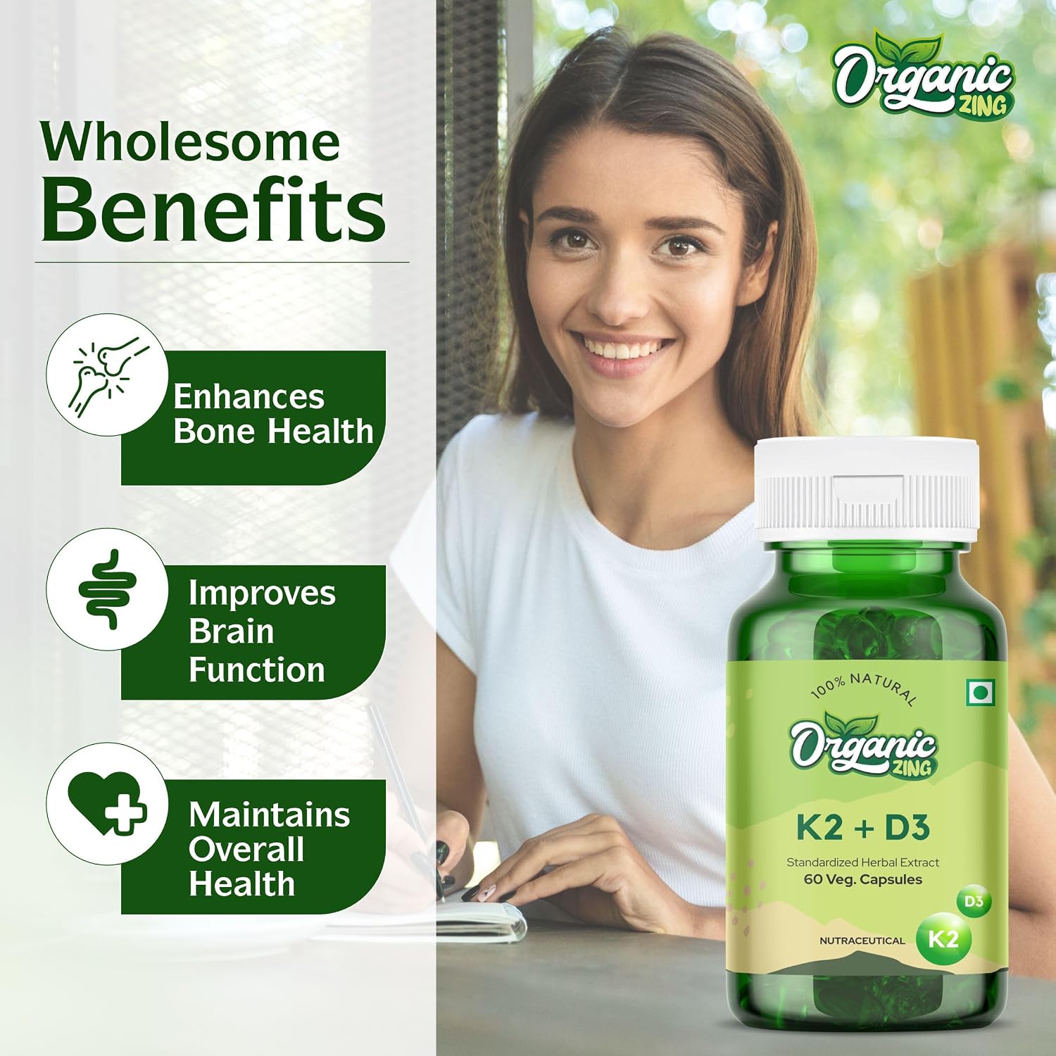 Organic Zing Vitamin K2 (Mk7) With D3 Supplement Made With Bioperine Black Pepper Extract, Non Gmo | 60 Capsules , 100gm 0.2lbs