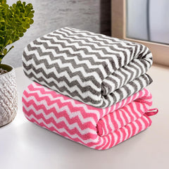 Kuber Industries Microfiber Soft Face Towel 400 Gsm | Absorbent Hanging Hand Towels For Wash Basin Bathroom | Zig Zag - Pink & Grey (2 Pcs)