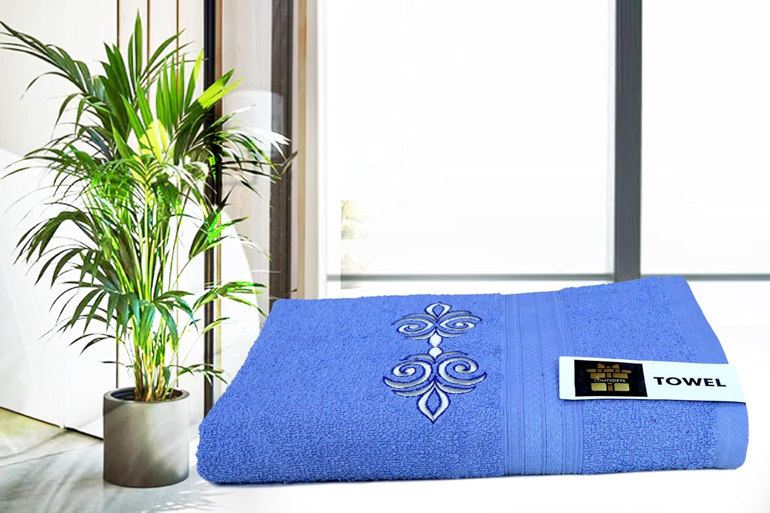 Comfigifts 100% Cotton 2 Bath & 2 Hand Towels 1400 Gsm | Soft, Absorbent, Lightweight Towels With Computerized Embroidery (Light Blue D1)