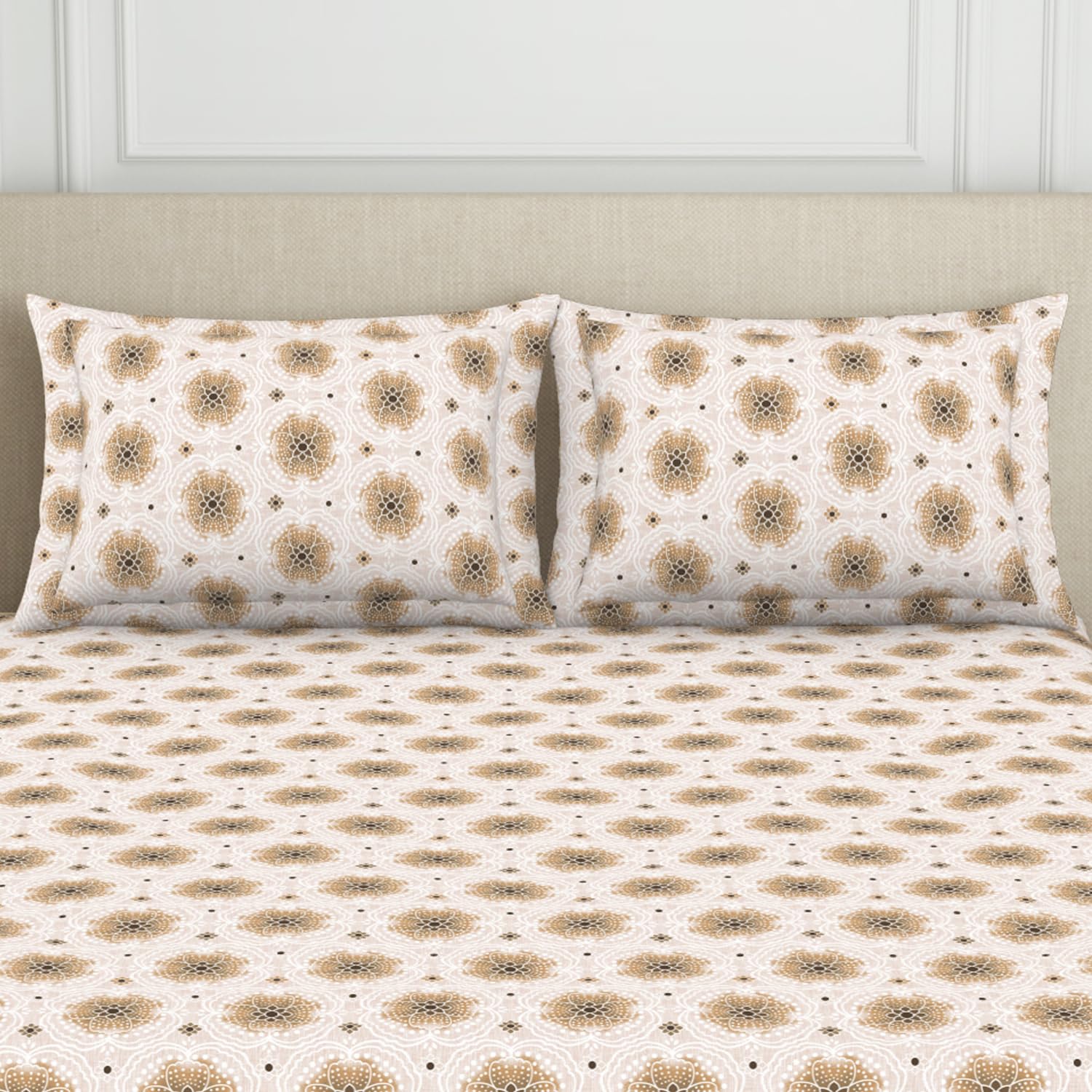 Double Bedsheet For Queen Size 2 Matching Pillow Cover - 88 X 100 Inches, Beige & Brown | Durable & Long Lasting Wrinkle Resistant Fabric - Skin Safe & Super Soft