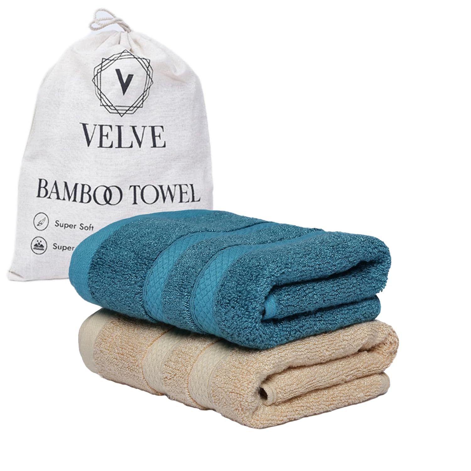 Velve 100% Bamboo Face Towel 600 Gsm | 2x Softer & Absorbent Than Cotton Towels | Skin Friendly With Non-Toxic Colors (Teal & Beige)- Pack Of 2
