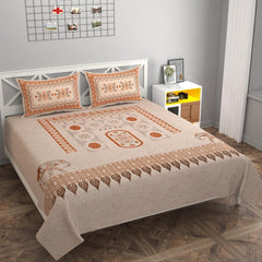 Printed Cotton Double Bed Bedsheet With Pillow Cover - 90 X 100 Inches, Beige | Traditional Jaipuri Print Designs Bedsheet