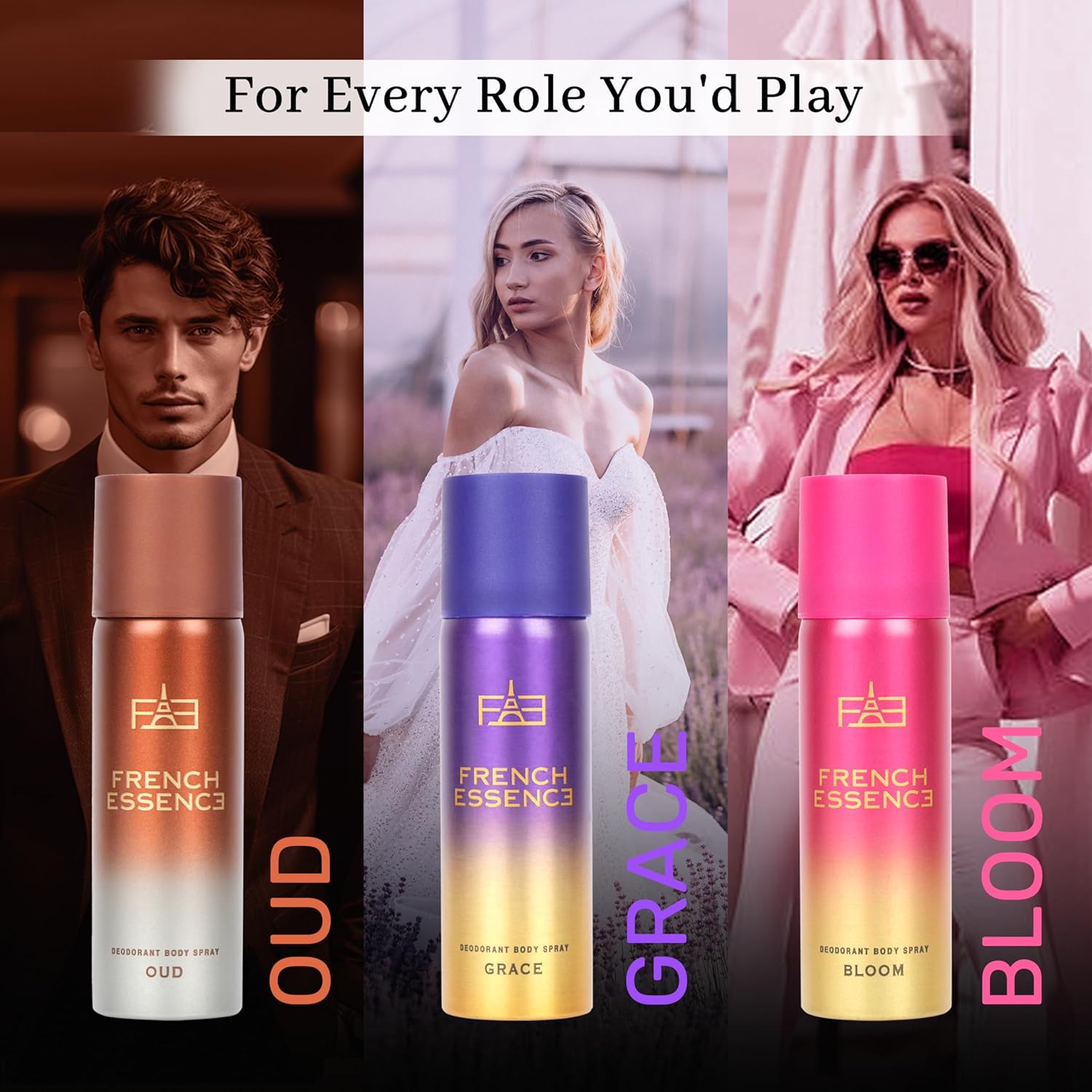 French Essence Deodorant Spray Perfume/deodorant For Women/Women Deo/ Body Spray Long Lasting Fragrance, Fresh Scent Deo,  Pack Of 3 X 50ml, 1.7 Fl.oz. Each Bloom, Oud And Aura