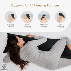 Microfiber Body Side Pillow For Sleeping For Pregnancy, Black - 53 X16 Inches | Long Cuddle Pillow For Hugging, Relaxing, Washable, Premium Velvet Outer Cover With Zip, Adjustable Pillow