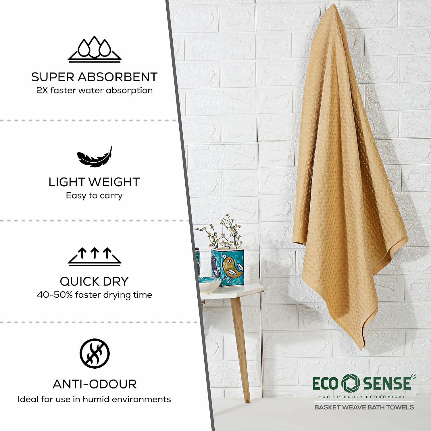 Eco Sense Basket Weave 100% Cotton Luxuriosly Bath Towels 350 Gsm | Soft, Super Absorbent, Large Size Quick Dry Bath Towel - Sandal (Pack Of 1)
