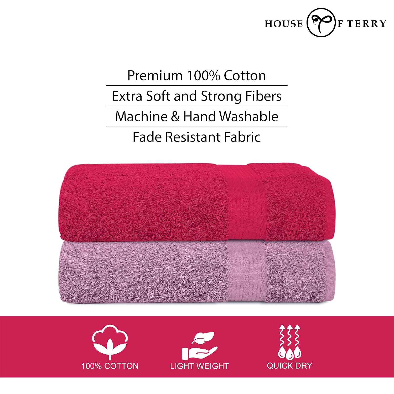 House Of Terry 100% Cotton Bath Towel 1000 Gsm | Quick Dry, Soft & Absorbent, Fade-Resistant, Skin-Friendly Large Size Towel (Baby Pink & Paradise Pink) - Pack Of 2