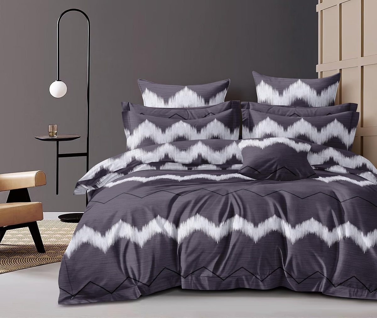Cotton Elastic Fitted Printed Queen Size Double Bed Bedsheet With 2 Pillow Cover | 60 X 78 Inches, Grey & White - Soft Touch, Wrinkle Resistant, Skin Friendly