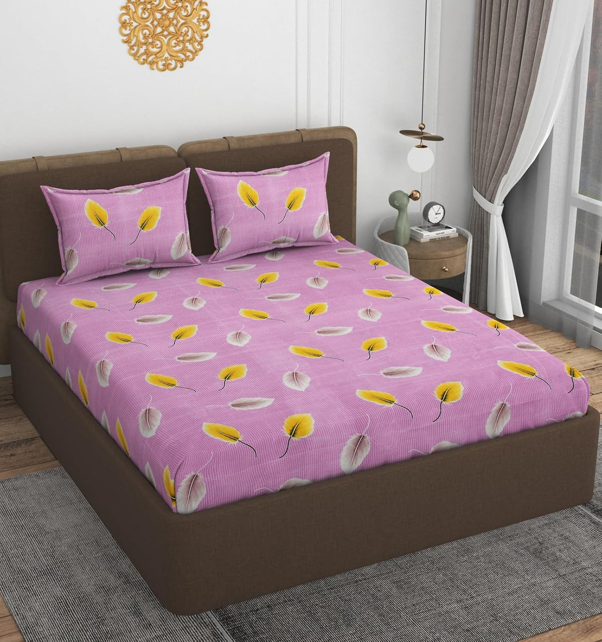 1 Double Bedsheet With 2 Pillow Covers Size 60 X 78 X 8 Inches, Pink | Cotton Feel All Around Elastic Fitted - Queen Size Bedsheets, Super Soft