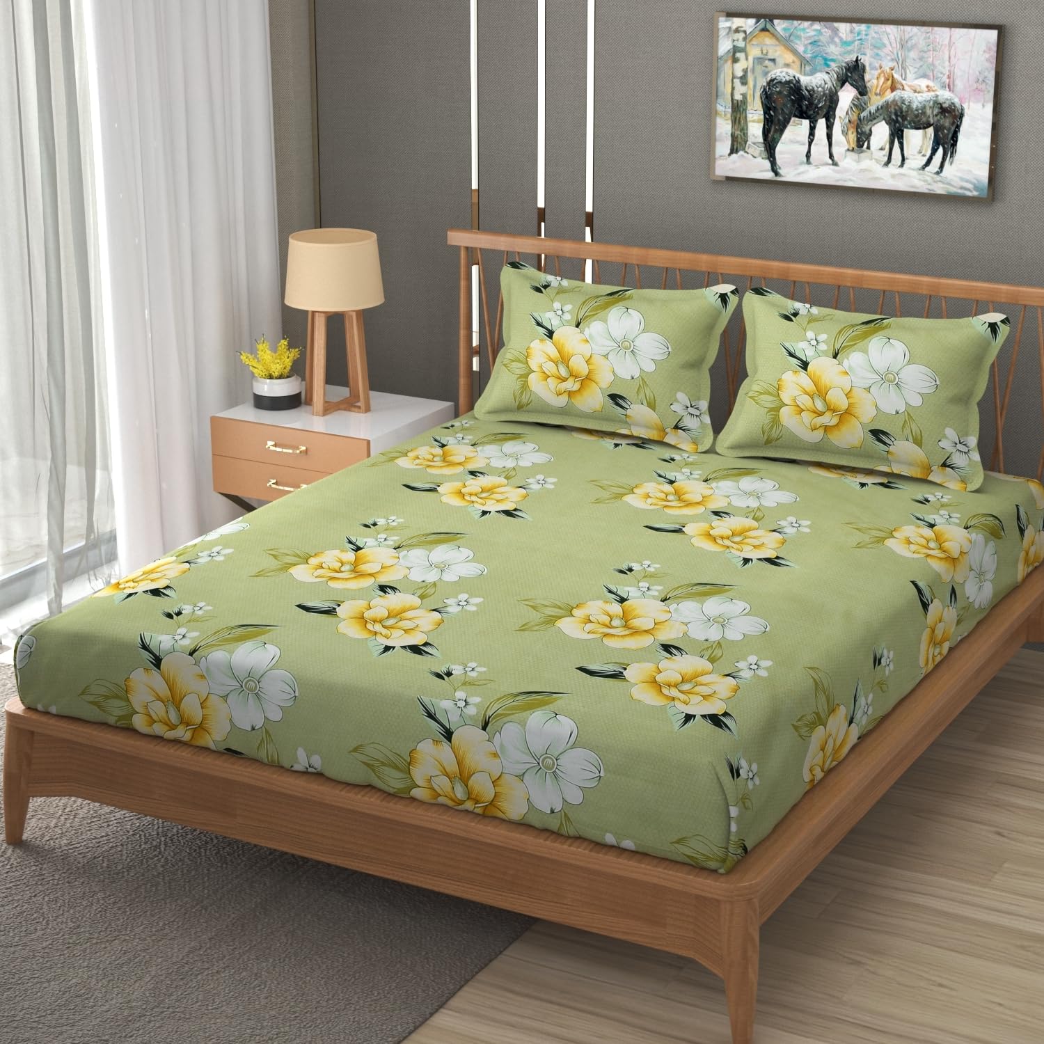 Premium Heavy Cotton Elastic Fitted King Size Bedsheet With 2 Pillow Covers - 72 X 78 X 10 Inches, Light Green | All Weather Comfort & Bedroom