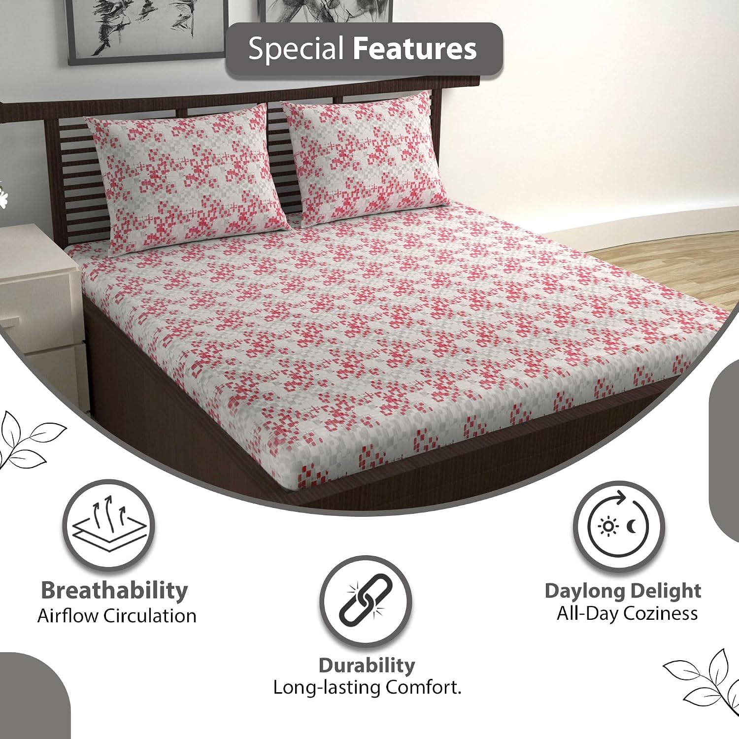 Cotton Double Bedsheet With 2 Pillow Covers - 87 X 100 Inches, Grey & Red | Smooth & Comfortable For Daily Use - All Weather Coziness & Bedroom Style