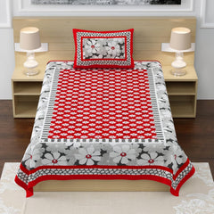 100% Cotton Single Bed Sheet With 1 Pillow Cover - 56 X 86 Inches, Grey & Red | Super Soft Microfiber, Breathable Wrinkle, Fade Resistant