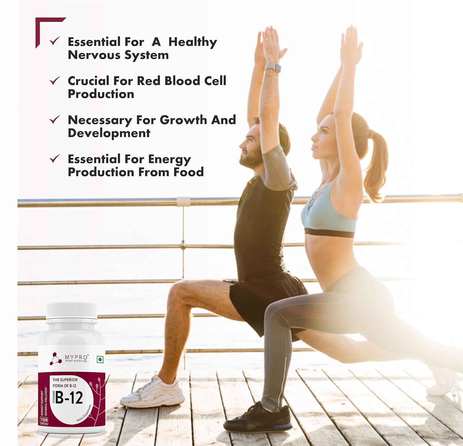 Mypro Sport Nutrition Vitamin B12 Veg Capsules - Normal Energy Production & Metabolism, Immune System Support - Brain And Nervous Support | 100 Veg Capsules , 150gm 0.3lbs