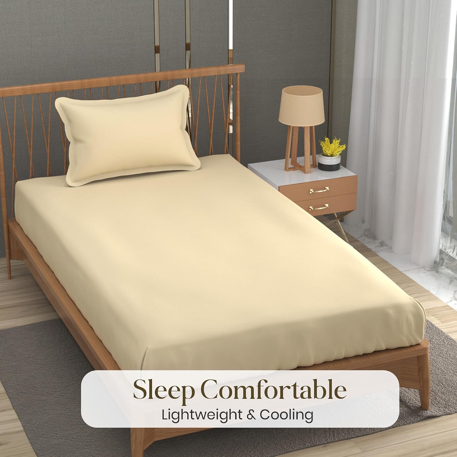 Solid Plain Single Size Bedsheet Set With 1 Pillow Covers | Size - 60 X 90 Inches, Ivory | Ideal For All Seasons Due To Its Breathable Nature