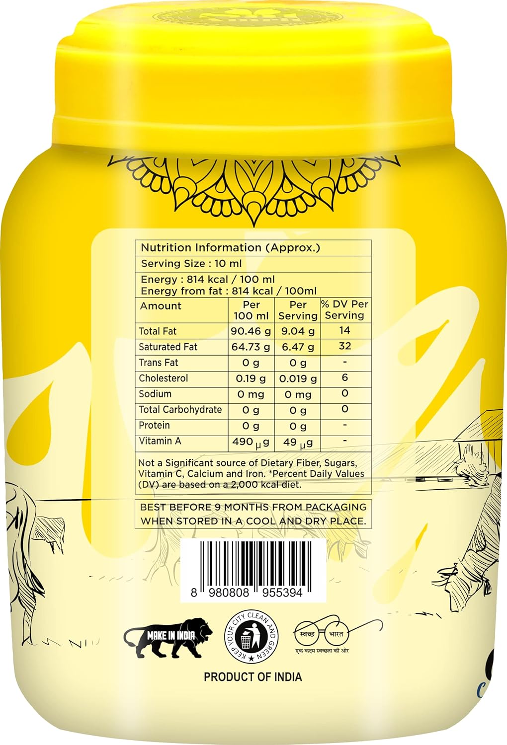 100% Pure Desi Cow Ghee By Sat Amrit | Vedic Bilona Hand Churned Natural & Healthy Indian Cow Ghee (1 Litr) 33.8 Ounce | Jar Pack