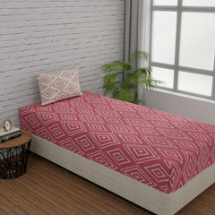 144 TC Single Bedsheet Elastic Fitted Pure Cotton With 1 Pillow Cover - 36 X 78 Inches, Peach Pink & White | Breathable & Wrinkle Free Bedsheet