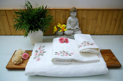 100% Bamboo Embroidery Bath, Hand & Face Towel Set 900 Gsm (White) - 3 Pcs