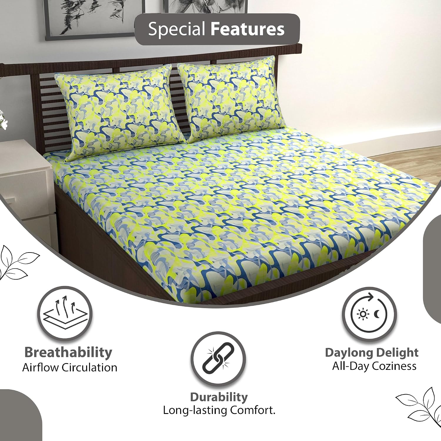 100% Pure Cotton Double Bedsheet For Queen With 2 Pillow Covers - 87 X 100 Inches, Yellow & Blue | Soft & Durable For Everyday Use & Bedroom - All Season Comfort