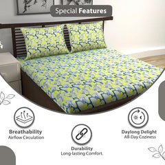 100% Pure Cotton Double Bedsheet For Queen With 2 Pillow Covers - 87 X 100 Inches, Yellow & Blue | Soft & Durable For Everyday Use & Bedroom - All Season Comfort