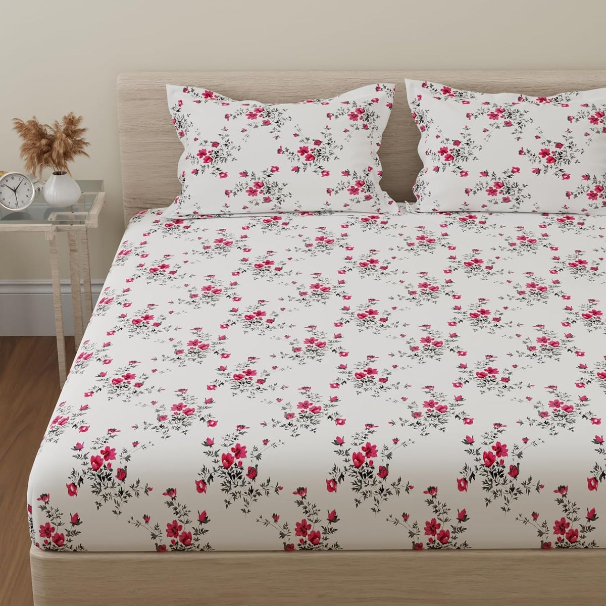 Print King Size Bedsheet With 2 Pillow Cover - 110 X 108 Inches, White & Pink | Soft & Comfortable Feel To Your Skin | Machine Wash In Cold Water