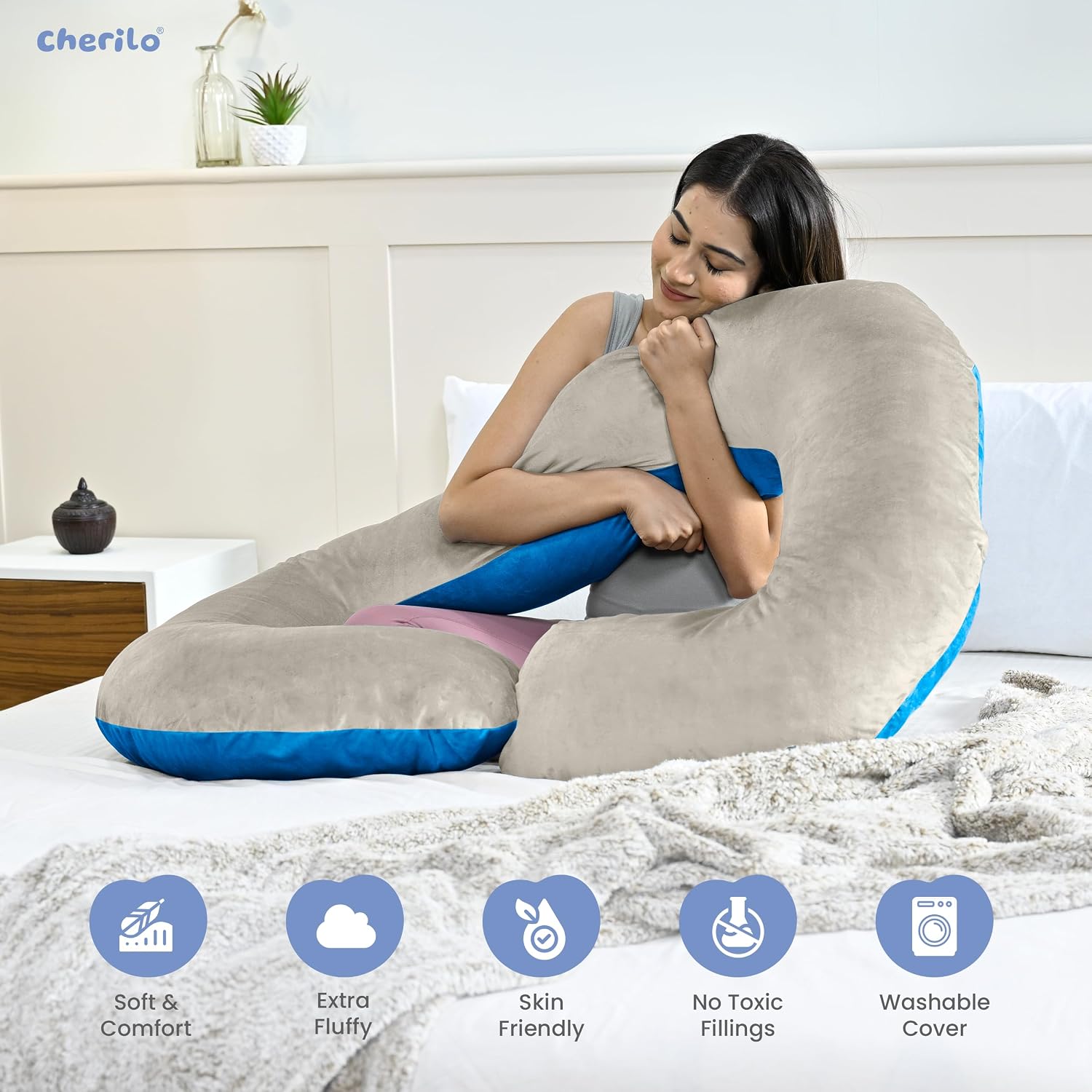 C Shaped Pregnancy Pillow For Maternity & Baby Nursing, Beige & Sky Blue | Full Body Support, Abdomen, Hip, Spine, Neck & Head Support Cushion | Premium Velvet Outer Cover With Zip, Comfy