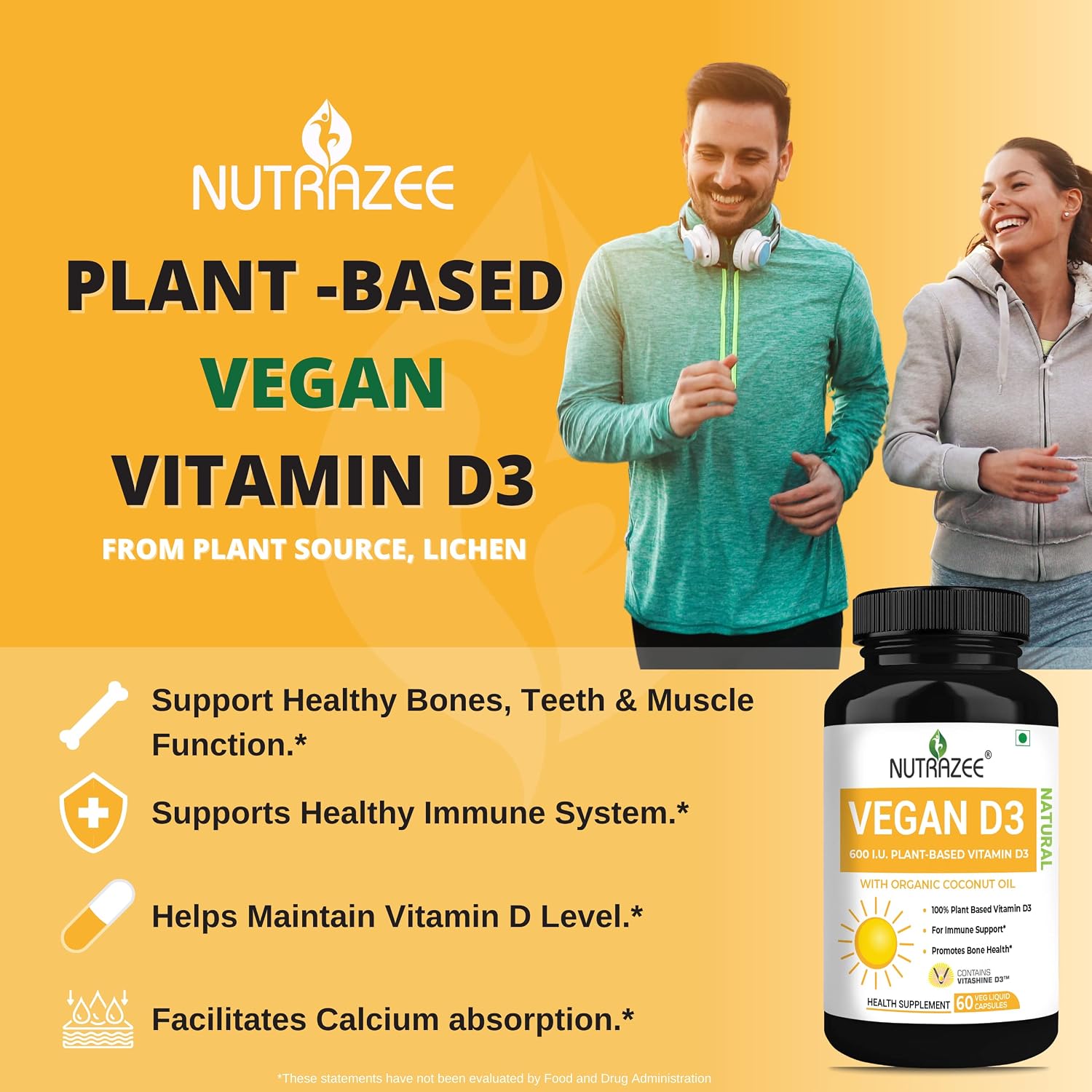 Nutrazee Vegan Vitamin D3 Supplement For Men & Women, Cholecalciferol, Plant Based Natural From Lichen With Organic Coconut Oil, Joint & Muscles Health | 60 Capsules , 100gm 0.2lbs