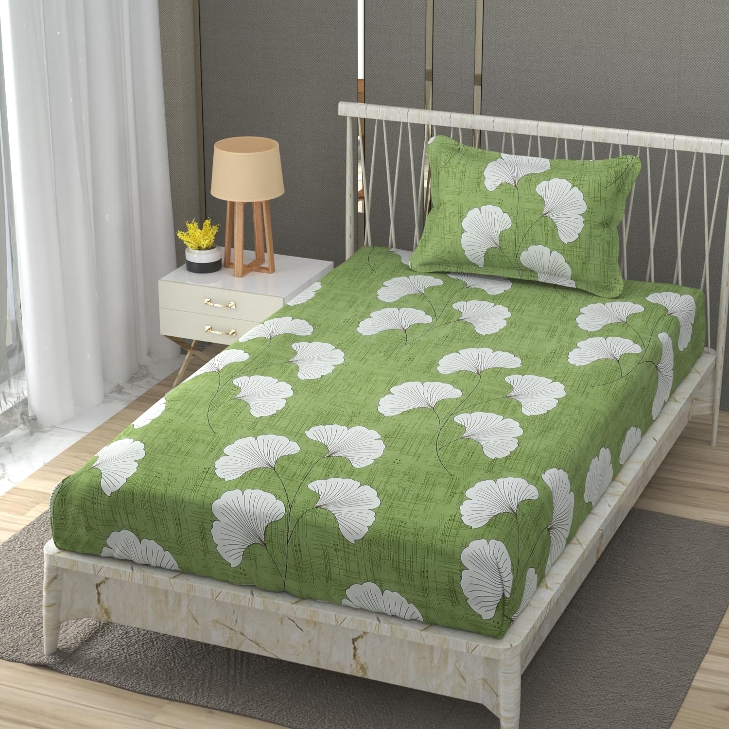 Elastic Fitted 1 Single Bedsheet With 1 Pillow Cover | 36 X 78 Inches, Light Green - Breathable & Durable, Soft Touch & Perfect For All Seasons