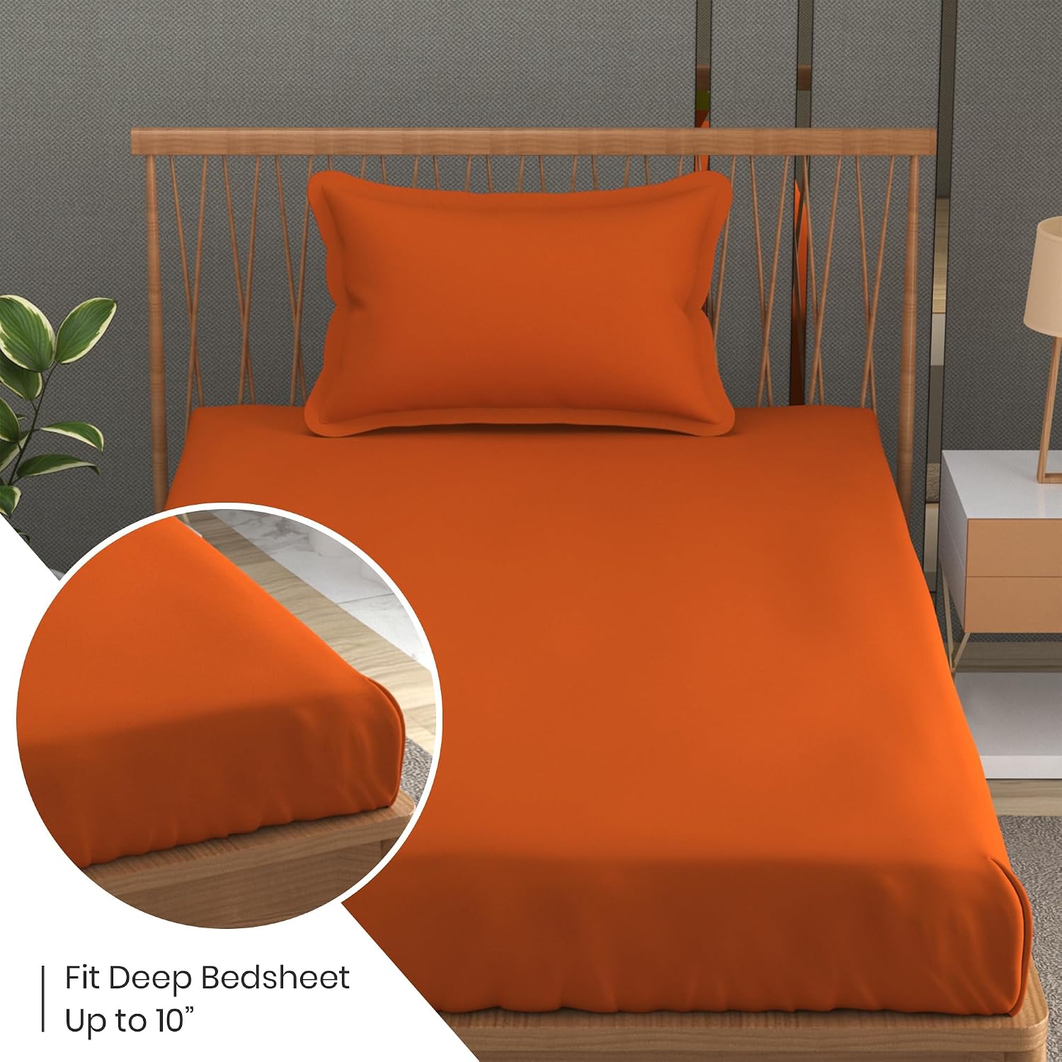 Solid Plain Single Size Bedsheet Set With 1 Pillow Covers | Size - 60 X 90 Inches, Orange | Ideal For All Seasons Due To Its Breathable Nature