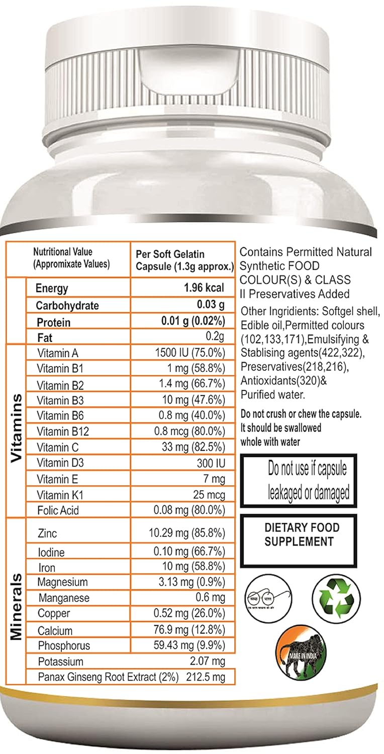 Curevisor Multivitamin For Men & Women, With Zinc, Vitamin C, D3, Multiminerals & Ginseng Extract, Enhances Energy, Stamina & Immunity | 30 Multivitamin Softgels , 50gm 0.1lbs
