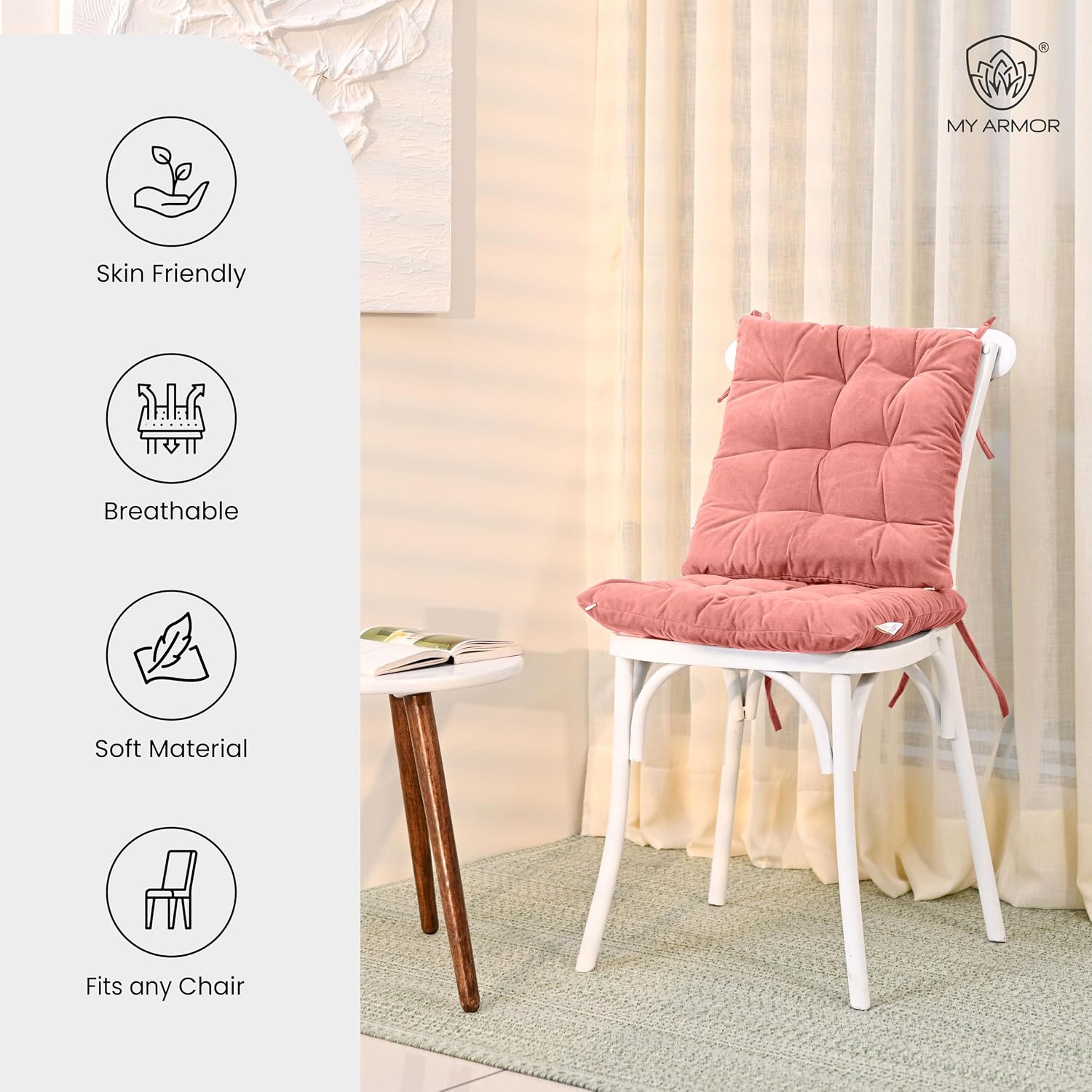 Square Chair Pads Cushion, For Comfortable Sitting, Peach Color - 40 X 40 Cm | Seat Cushions With Ties For Sitting, Pooja, Dining & Office Table | Furniture Cushion, Washable - Pack Of 2