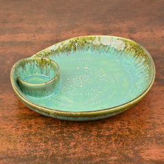 Luxurious Hand Embossed Ceramic Chip & Dip Platter With Fixed Dip Bowl - Turquoise Green, 11 Inches, 1300 Gm | Starter Serving Platter - Kebab Platter