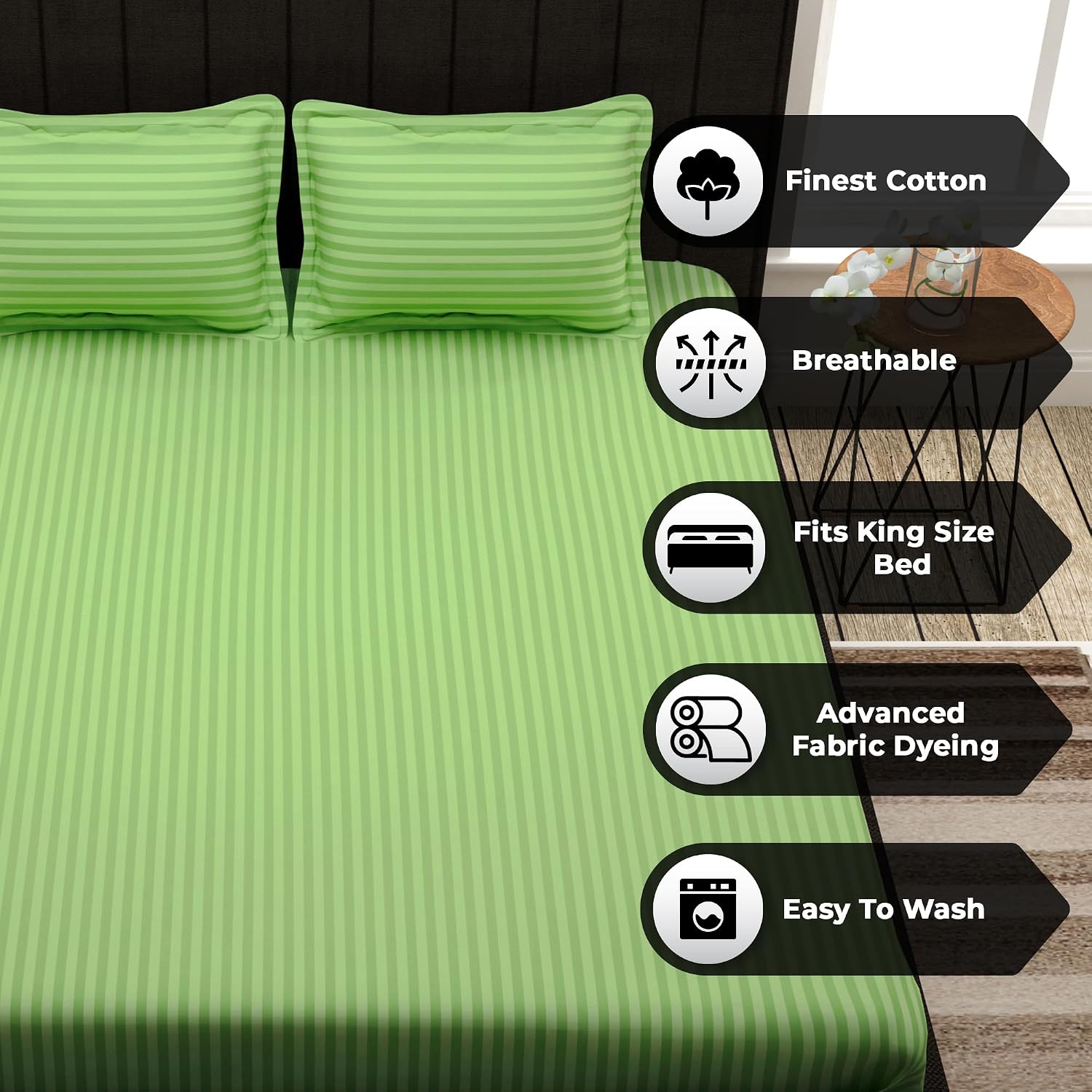 Stripes King Size Cotton Bedsheet With 2 Pillow Covers - 108 X 108 Inches, Light Green | Perfect For Home Decor, Guest House | Ideal For All Seasons